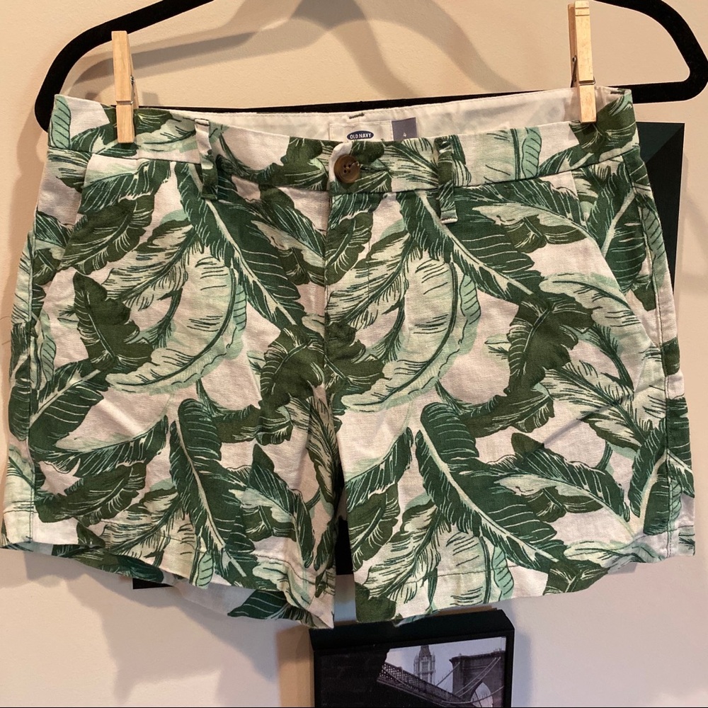 Palm Leaf Print Linen Shorts